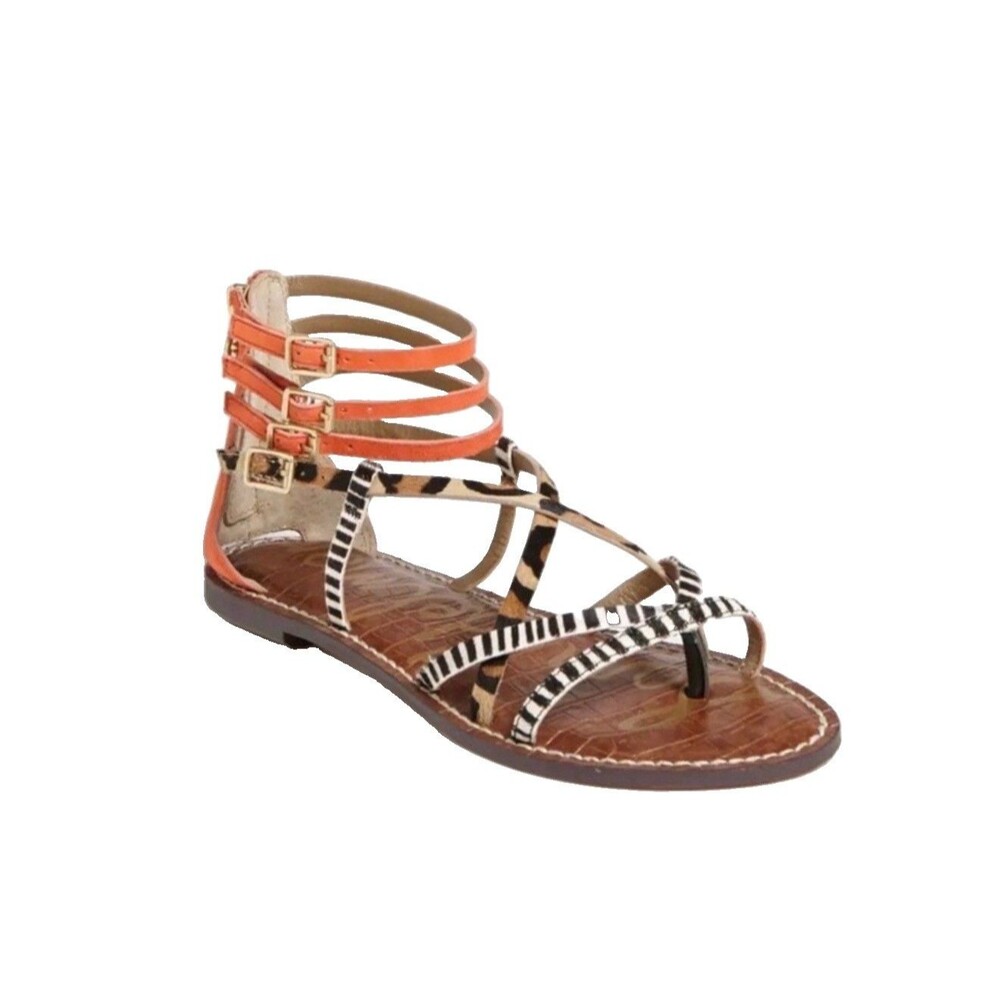 Sam Edelman Gable Women Animal Print Strappy Thong Sandals Size 8.5 M Orange EUC